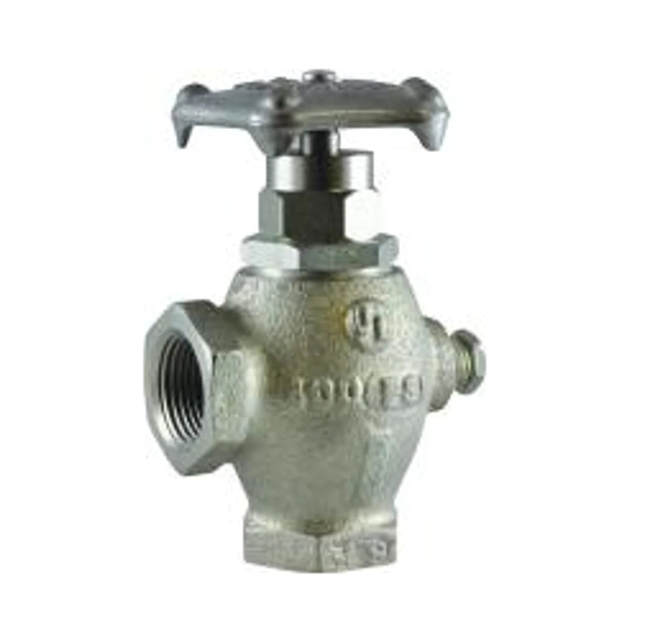 Metallic valve with a handwheel-style handle, rounded body, and threaded side connections, marked with specifications, used for controlling fluid flow in industrial or plumbing applications