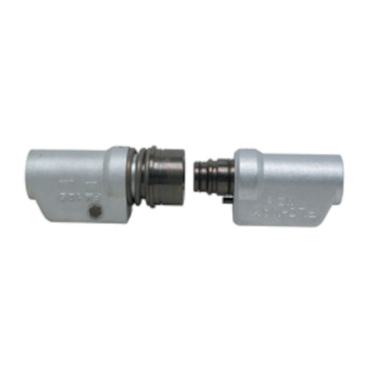 The Squibb Taylor Flo-Max Safety Coupler - 1-1/4" NPT (FM126) Less Bracket (Does Not Include Bleeder or Relief Valve) is a two-piece metal hydraulic quick connect coupling with a chrome finish, ideal for NH3 applications and designed to separate in the middle.