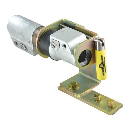 The Squibb Taylor Flo-Max 1-1/2" Tool Bar Safety Coupler with EZ Bracket, featuring a stainless steel cylindrical component attached to a base plate, is pictured next to a yellow lighter for scale.