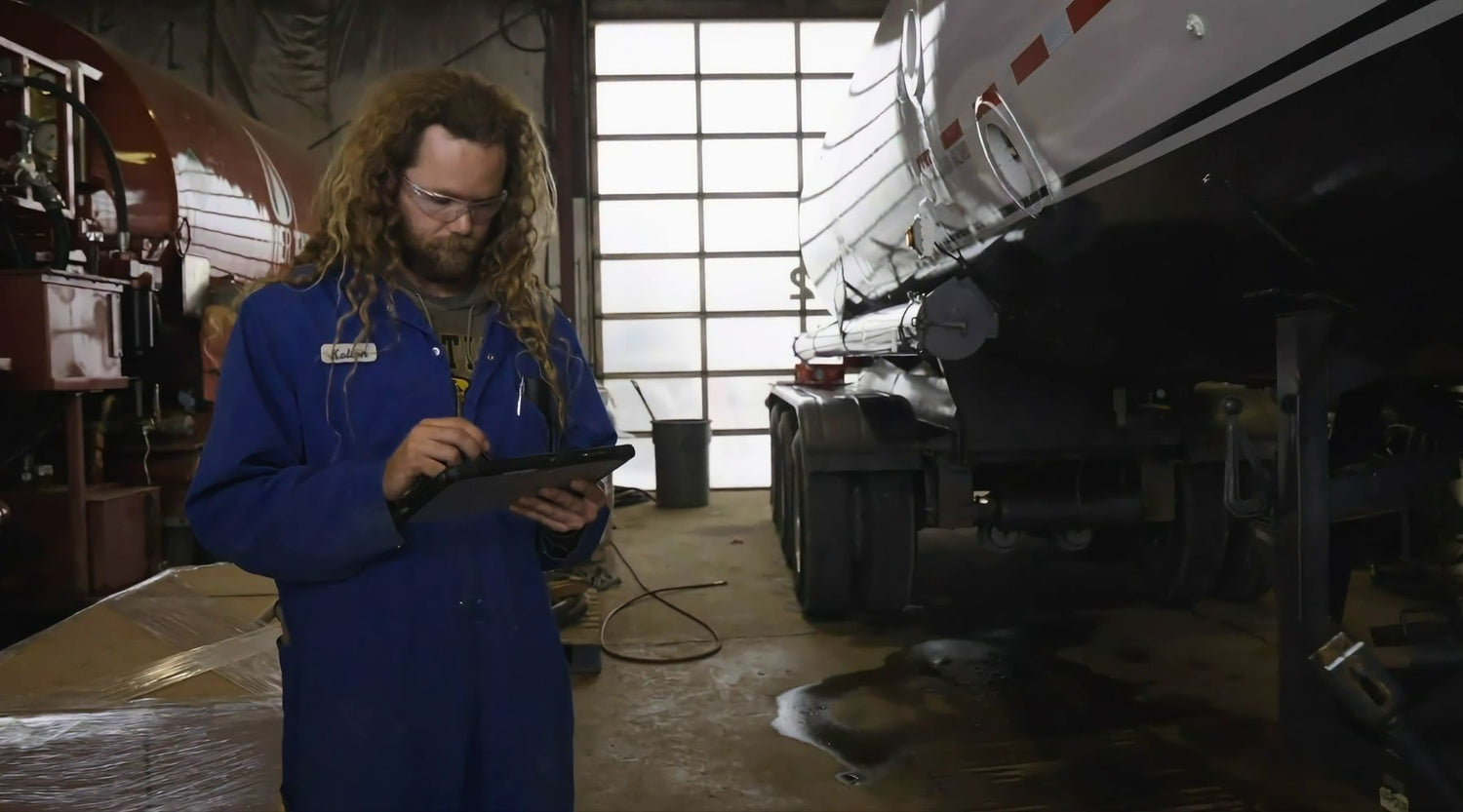 Tank inspector in a blue coveralls uses a tablet in a shop, standing beside a large truck.