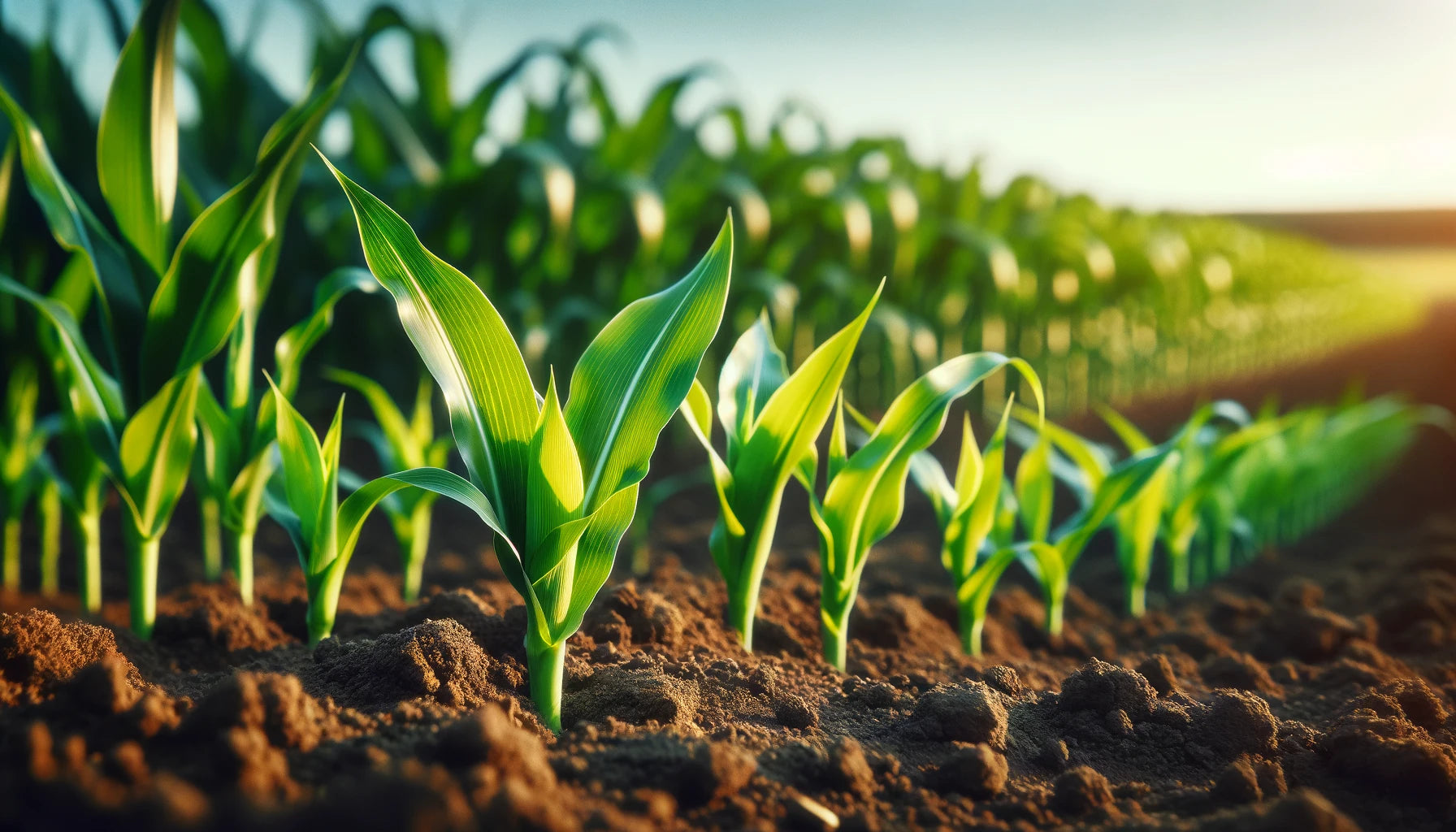 Close-up of young corn plants in a field, bathed in sunlight, with a blurred background of rows stretching towards the horizon.