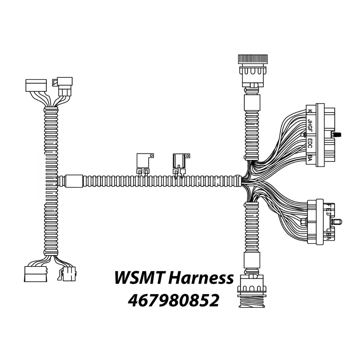 Diagram of a DICKEY-john IntelliAg Air Cart Control Kit - WSMT2 System (IAACCIMPKIT) harness labeled "467980852," featuring connected wires and connectors ideal for precision farming applications.