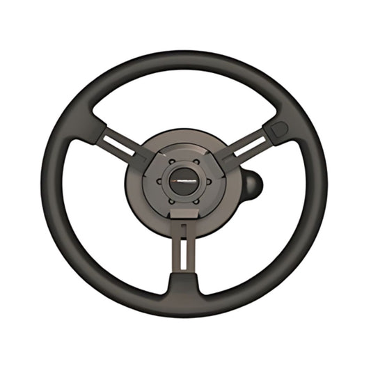Three-spoke steering wheel with a sleek black and metallic design, featuring a central hub with mounting bolts and a horn button