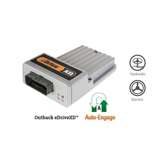 Outback eDriveXD electronic control module for auto-engage steering applications, with a durable casing, multi-pin connector, and status lights, compatible with hydraulic and electric systems