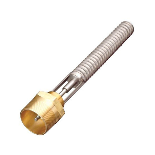 Close-up of a Fisher Internal Relief Valve featuring a cylindrical metal design with a coiled handle, and a brass 2" MPT x 3" MPT screw connector on one end, rated for 250 PSI, reminiscent of an industrial tool designed for high-pressure environments.