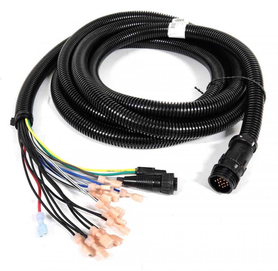 A coiled black automotive wiring harness with multiple colored wires and connectors extending from one end, resembling a Raven Flow Cable 12' - 7 Boom, Spade Terminals, SCS 440/450 (115-0159-496).